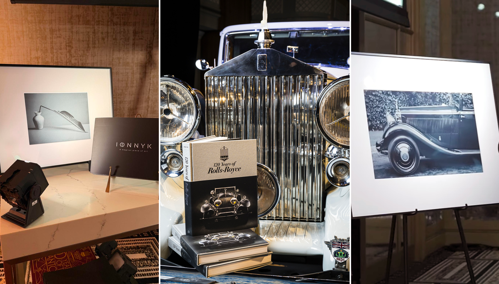 IONNYK electronic paper (E Ink) digital art frames displaying black-and-white photography at the Rolls-Royce Enthusiasts’ Club event celebrating the Phantom centenary in London, United Kingdom