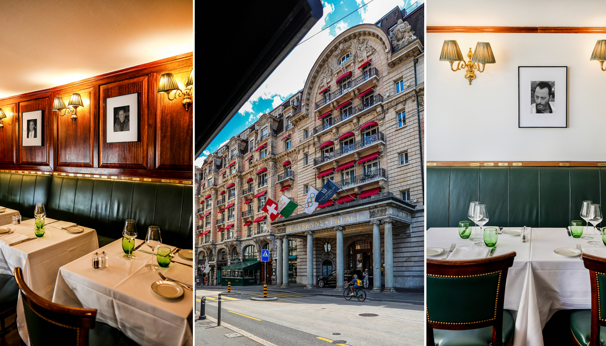 IONNYK E ink frames displaying black-and-white photography at La Brasserie du Grand Chêne, Lausanne Palace, Switzerland