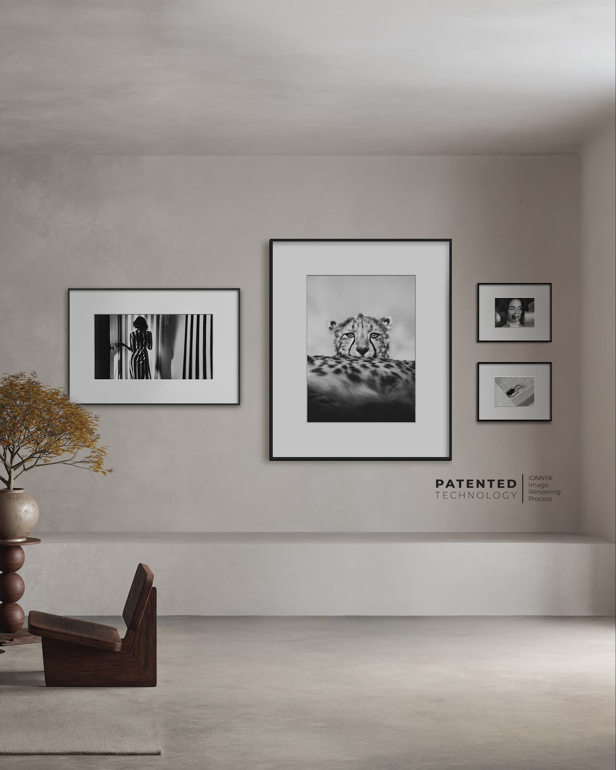 Load video: IONNYK ePaper Digital Art Frames displaying black and white photography in a contemporary home interior